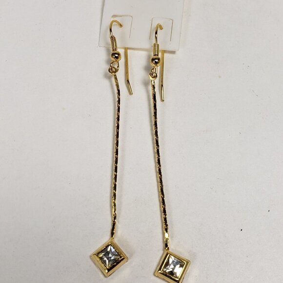 Gold tone Geometric Crystal Long Drop Earrings – Elegant Sparkle Dangle Jewelry - Picture 10 of 11
